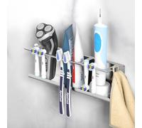 Luxspire Porta Spazzolini da Parete, Portaspazzolino Elettrico con 10 Slot, Compatibile con Oral B iO Philips Sonic, Supporto per Spazzolini Adesivo, Contenitore per Rasoio Dentifricio, Argento