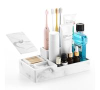 Luxspire Porta Spazzolino, Porta Dentifricio e Spazzolino a 6 Slot per Bagno, Portaspazzolino Elettrico Multifunzionale, Organizzatore da Bagno per Cotton Fioc, Batuffoli di Cotone, Bianco Ghiaia