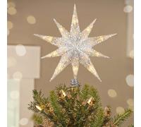 Luxspire Punta per Albero di Natale, Stella Luminosa con Collegamento USB e Telecomando, Decorazione Natalizia in Metallo LED da 9,8", Ornamento Vintage Moderno per Albero di Natale, Argento