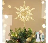Luxspire Punta per Albero Natale, Stella Luminosa con Collegamento USB Telecomando, Decorazione Natalizia in Metallo LED da 9,8",Ornamento Vintage Moderno per Albero Natale, Crystal Hexagram-Gold