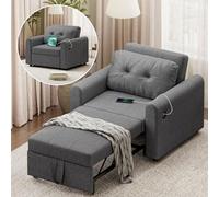 Luxstein Divano Letto 3 in 1 con USB e Porta Type-C, Divano Pieghevole Salvaspazio con Cuscino Morbido, Tasche Laterali, Schienale Reclinabile, Rivestimento in Tessuto Sherpa, 84x190cm, Grigio Scuro