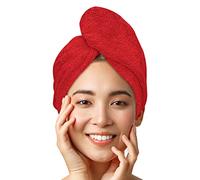 LUXTOGO® Asciugamano turbante per capelli, 100% cotone, di alta qualità, con bottone ed elastico, super assorbente (1 pezzo, rosso)