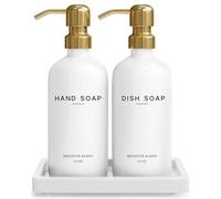 Luxury Glass Hand and Dish Soap Dispenser Set by Brighter Barns - Kitchen Soap Dispenser Set with Tray for Kitchen Sink - White and Gold Home Accessories & Decor for Restaurants, Airbnb, Gift (Gold)