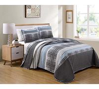 Luxury Home Collection - Set di 3 pezzi copriletto trapuntato reversibile per letto king size/California king size/California king/set moderno plaid blu grigio bianco