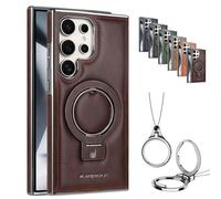 Luxury Leather Invisible Stand Case for Samsung S25/S24/S23 Ultra Plus, Shockproof Scratch Resistant, Slim Fit Protective Cover with Strong Magnet (for S25PLUS,Dark Brown)