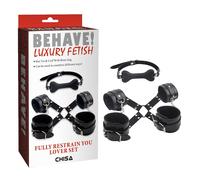 Luxury set manette cavigliere + morso doggy nere regolabili BDSM fetish bondage