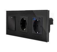 Luxus-Time Interruttore a bilanciere + presa + presa USB A/C connettore per la ricarica Schuko, spina multipla da 20 W, ricarica rapida 3 scomparti (nero, interruttore in vetro + presa + USB-A/C)