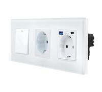 Luxus-Time Interruttore a bilanciere + presa + presa USB A/C connettore per la ricarica Schuko, spina multipla da 20 W, ricarica rapida 3 scomparti (bianco, interruttore in vetro + presa + USB-A/C)