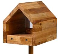 Luxus-Vogelhaus 46601E Oak casetta per Uccelli con Tetto a capanna, Vassoio di Alimentazione e Dispenser con Alimentatore Stand