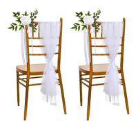 Luxvara 2 Pezzi Tulle Bianco, Fasce per Sedie in Tulle, Set Completo Tulle Chiffon 100x150cm Bianco per Matrimonio Cerimonia Banchetto Party, e 2 Pezzi Fiori Finti per Decorazioni