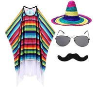 Luxylei Set Poncho E Sombrero Messicano per Adulti, Set di Costumi Festa Messicani 4 Pezzi Include Poncho Cappello Sombrero Occhiali Sole Baffi Finti
