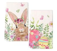 LUYANFX 2 Pezzi Strofinacci Pasqua, Canovacci Cucina con Motivo Pasqua, Strofinacci Cucina Cotone, Asciugamani Cucina con coniglio pasquale e fiori, Super Morbidi e Assorbenti,Riutilizzabili (B)