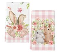 LUYANFX 2 Pezzi Strofinacci Pasqua, Canovacci Cucina con Motivo Pasqua, Strofinacci Cucina Cotone, Asciugamani Cucina con coniglio pasquale e fiori, Super Morbidi e Assorbenti,Riutilizzabili (A)