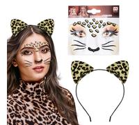 LUYANFX Cerchietti Orecchie da Leopardata, Cerchietti Orecchie da Leopardo con Adesivi Viso, Accessori Costume Cosplay per Feste di Halloween Carnevale, Feste in Maschera (C)