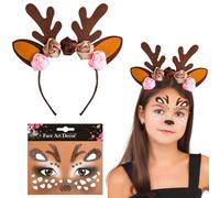 LUYANFX Renna Cerchietti per Capelli, Fascia per Corna di Renna Natalizia con Adesivi Viso, Cerchietto con Corna di Cervo, per Donna Ragazza Natale, Carnevale, Capodanno Festa, Mascherata (A)