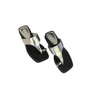 LUYSGBXR Sandali Da Donna Con Punta Quadrata Ciabatte estive con zeppa e tacco, infradito, comode, da esterno, con punta a clip, da donna, da spiaggia(Silver,37)