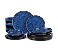 LUYSGBXR Set piatti Set da tavola 12/24/36 pezzi, smaltatura reattiva blu e nera, con bordo verticale, 4 piatti portata, dessert ciotola(24 Piece)
