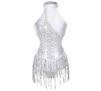 LUYSGBXR Shiny Sequin Leotards for Women Latin Jazz Tassel Fringe Bodysuit Ballroom Dancing Competiton ChaCha Samba Tango Jumpsuit(Silver,XXL)