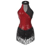 LUYSGBXR Shiny Sequin Leotards for Women Latin Jazz Tassel Fringe Bodysuit Ballroom Dancing Competiton ChaCha Samba Tango Jumpsuit(Wine Red,S)