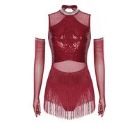 LUYSGBXR Womens Latin Dance Leotard Dress with Mesh Gloves Tango Rumba Cha-Cha Samba Costume Fringe Sequin Ballroom Performance(Wine Red,M)