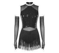 LUYSGBXR Womens Latin Dance Leotard Dress with Mesh Gloves Tango Rumba Cha-Cha Samba Costume Fringe Sequin Ballroom Performance(Black,L)
