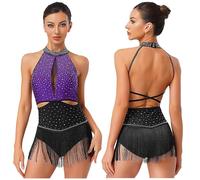 LUYSGBXR Womens Latin Jazz Dance Leotard Allover Rhinestones Tassel Skirt Backless Contrast Color Gymnastic ChaCha Rumba Samba Bodysuit(Purple,L)