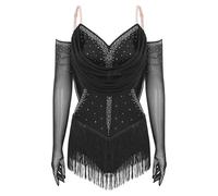 LUYSGBXR Womens Tassel Latin Rumba Dance Leotard Glittery Cutout Fringed Bodysuit with Gloves Cha-cha Samba Tango Performance Costume(Black,L)