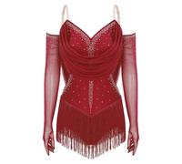 LUYSGBXR Womens Tassel Latin Rumba Dance Leotard Glittery Cutout Fringed Bodysuit with Gloves Cha-cha Samba Tango Performance Costume(Red,M)