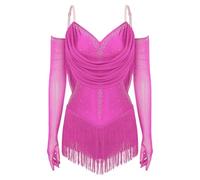 LUYSGBXR Womens Tassel Latin Rumba Dance Leotard Glittery Cutout Fringed Bodysuit with Gloves Cha-cha Samba Tango Performance Costume(Hot Pink,L)