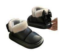 LUYYBDBG Zapatillas Lindas Cálidas Y Esponjosas De Invierno para Mujer, Zapatos Algodón con Lazo Felpa Suave Interiores, Botas Nieve Niñas Barril Corto Tela-negro-36-37