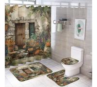 LUYYSKY Bellissimo set di tende da doccia ad arco vintage, stile rustico italiano toscano in pietra da parete con piante fiorite, set di decorazioni per il bagno con tappeti, set di tende da doccia