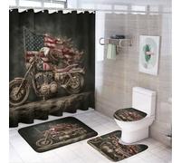 LUYYSKY Cool Rustic Eagle Set di 4 tende da doccia, realistica bandiera americana patriottica retrò, vecchia moto, aquila calva, set da bagno con tappeti antiscivolo, copriwater e tappetino da bagno