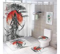 LUYYSKY Cool Watercolor Samurai Set di 4 tende da doccia, stile retrò, rustico, rosso, floreale, inchiostro giapponese, anime samurai, set da bagno con tappeti antiscivolo, copriwater e tappetino da