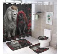 LUYYSKY Majestic - Set di tende da doccia con leone selvatico retrò, rustico, realistico, rosso, regina, rosa, floreale, fauna selvatica, leone, set di decorazioni per il bagno con tappeti, tenda da