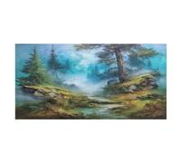 LUYYSKY Realistico Vintage Misty Forests Assorbente Telo Mare Telo Mare Rustico Pittura A Olio Nebbioso Bosco Naturale Pino Outdoor Telo Mare in Velluto su un solo lato