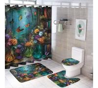 LUYYSKY Set decorativo per tenda da doccia con pittura a olio medievale, colorato, fantasia, fiore, farfalla, fiaba, foresta, set di decorazioni per il bagno con tappeti, tenda da doccia per bagno