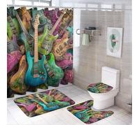 LUYYSKY Set di 4 tende da doccia colorate con chitarra ad acquerello, stile vintage rustico a tema musicale, stampa con chitarra e basso, set da bagno con tappeti antiscivolo, copriwater e tappetino