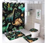LUYYSKY Set di 4 tende da doccia colorate con dinosauri della metà del secolo, set da bagno con tappeti antiscivolo, copriwater e tappetino da bagno con motivo vintage con piante tropicali e dinosauri