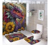 LUYYSKY Set di 4 tende da doccia colorate con dragone medievale, pittura a olio fantasy medievale mitica fauna selvatica, drago rosso, girasole, set da bagno con tappeti antiscivolo, copriwater e
