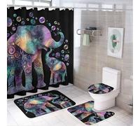 LUYYSKY Set di 4 tende da doccia colorate con elefanti vintage, rustici, astratti, indiani, mandala, bohémien, animali selvatici, set da bagno con tappeti antiscivolo, copriwater e tappetino da bagno