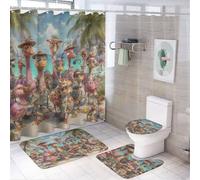 LUYYSKY Set di 4 tende da doccia colorate con fenicottero, rustiche astratte estive, oceano, spiaggia, animali, fenicotteri, palme, set da bagno con tappeti antiscivolo, copriwater e tappetino da