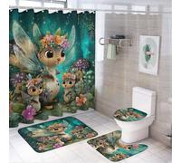 LUYYSKY Set di 4 tende da doccia colorate con motivo scoiattolo, fantasia, fiaba, foresta, boschi, fiori, fauna selvatica, set da bagno con tappeti antiscivolo, copriwater e tappetino da bagno
