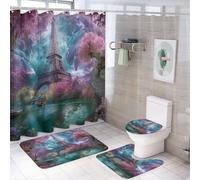 LUYYSKY Set di 4 tende da doccia colorate con motivo Torre Eiffel, bellissimo dipinto a olio con fiori di ciliegio Francia Torre di Parigi, set da bagno con tappeti antiscivolo, copri coperchio WC e