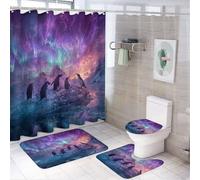 LUYYSKY Set di 4 tende da doccia colorate con pinguini, realistiche e rustiche aurora boreale, galassia, cielo antartico, animali pinguini, set da bagno con tappeti antiscivolo, copriwater e tappetino