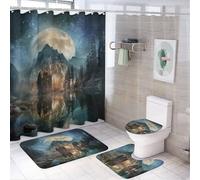 LUYYSKY Set di 4 tende da doccia colorate con pittura ad olio, fantasia vintage, galassia, luna piena, cielo stellato, set da bagno con tappeti antiscivolo, copriwater e tappetino da bagno