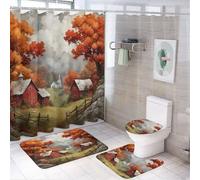 LUYYSKY Set di 4 tende da doccia colorate con pittura ad olio, stile retrò, bellissimo set da bagno con tappeti antiscivolo, copriwater e tappetino da bagno
