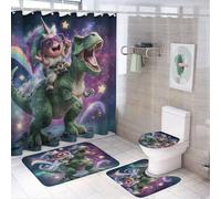LUYYSKY Set di 4 tende da doccia colorate con unicorno rustico, divertenti dinosauri arcobaleno, unicorni, animali, set da bagno con tappeti antiscivolo, coperchio del WC e tappetino da bagno