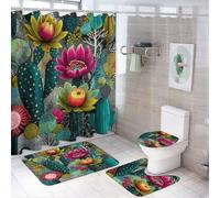 LUYYSKY Set di 4 tende da doccia colorate e moderne con cactus, stile bohémien, realistiche piante tropicali, cactus, fiori, set da bagno con tappeti antiscivolo, copriwater e tappetino da bagno