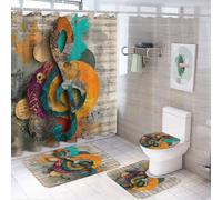 LUYYSKY Set di 4 tende da doccia colorate vintage con note musicali, stile moderno, rustico, con note musicali, set da bagno con tappeti antiscivolo, copriwater e tappetino da bagno