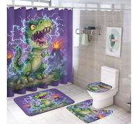 LUYYSKY Set di 4 tende da doccia con dinosauri colorati medievali, fantasia vintage vulcanica verde dinosauro fauna selvatica, set da bagno con tappeti antiscivolo, copriwater e tappetino da bagno